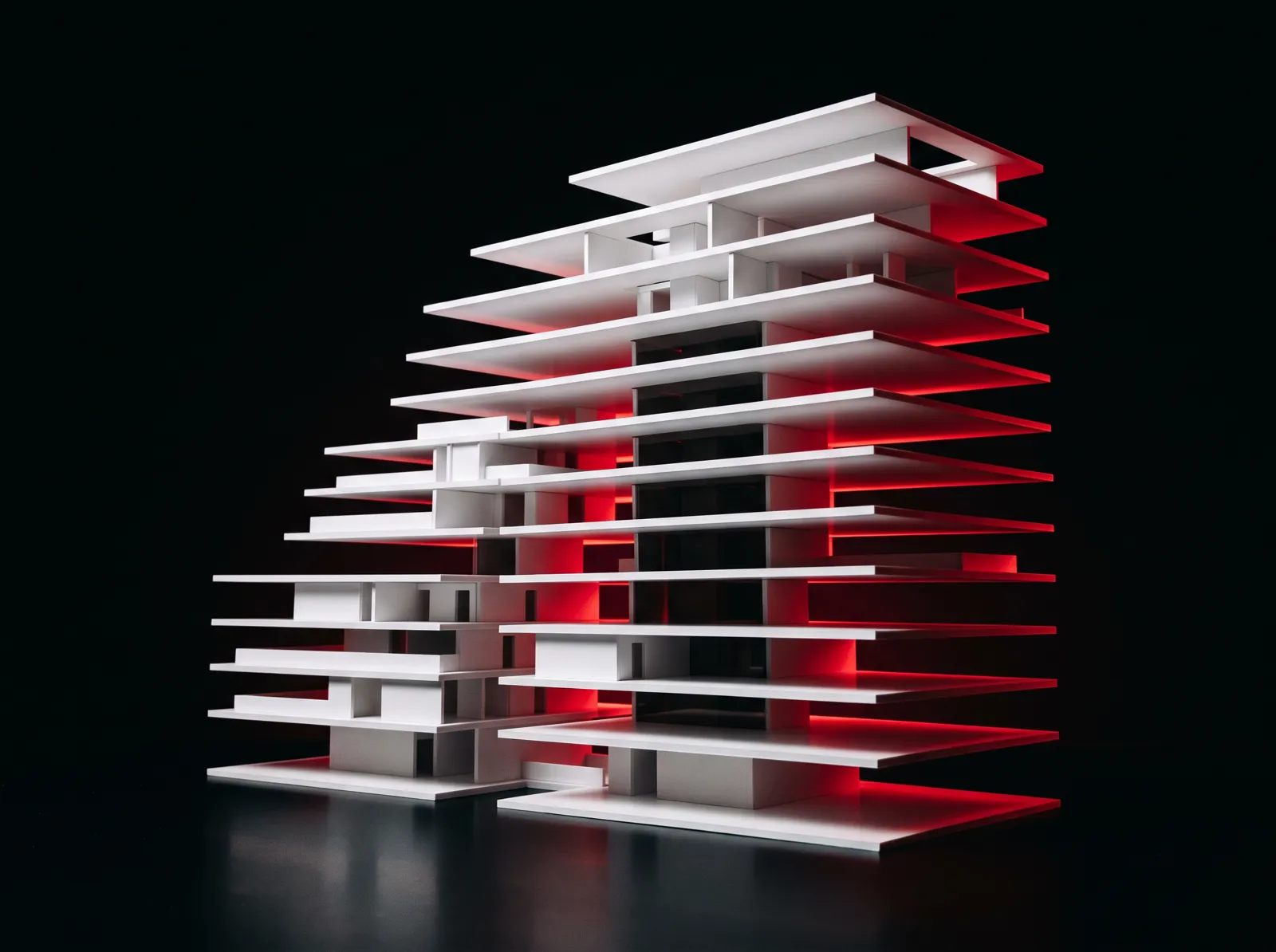 An architectural model separated into floating floor plates
