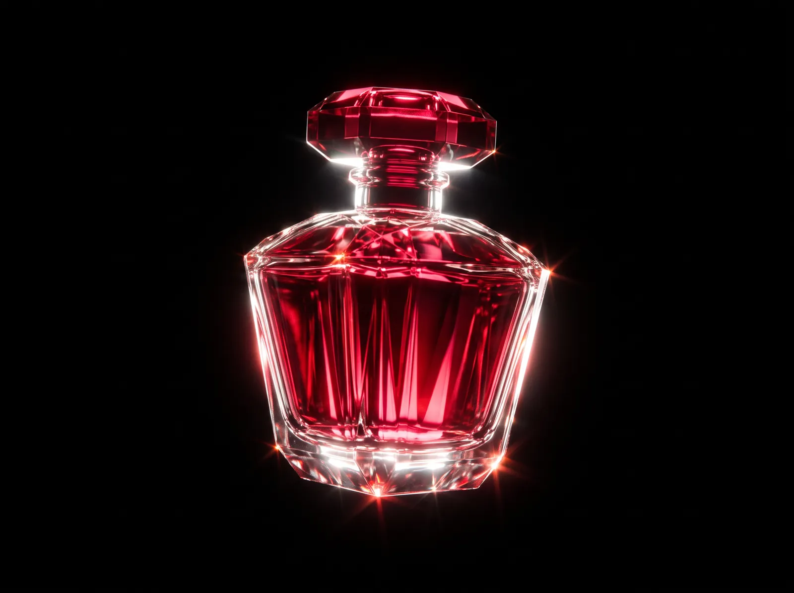 A faceted perfume bottle refracting red light