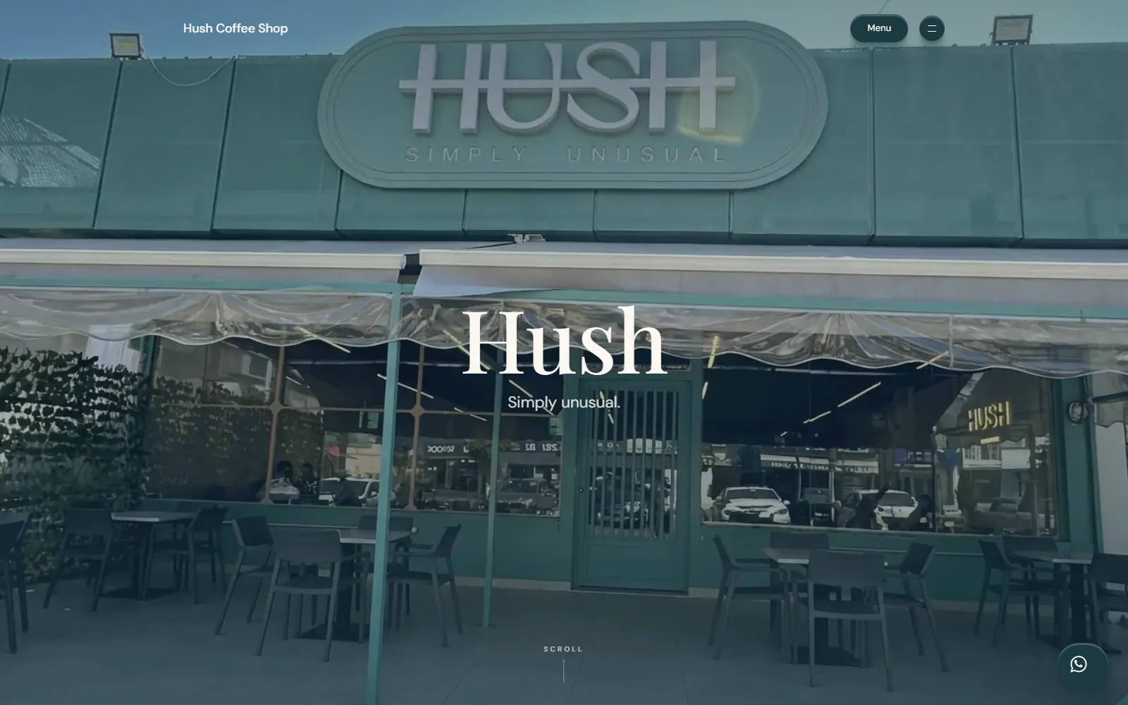 Hush Coffee Shop homepage — the wordmark over the storefront