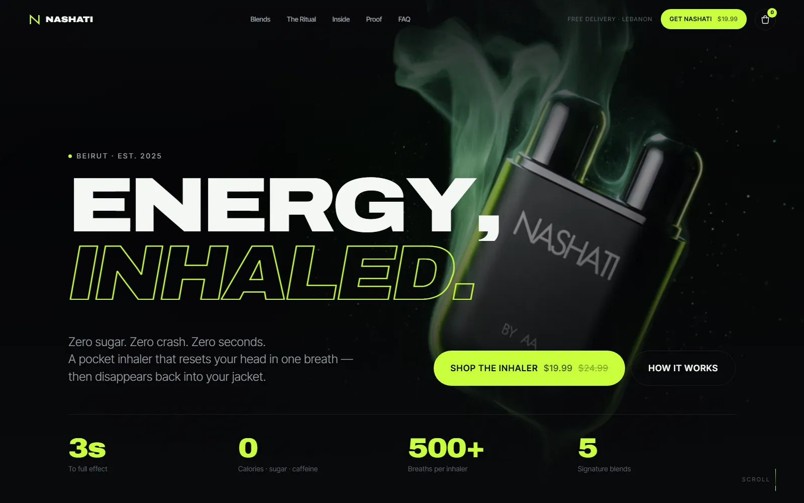 Nashati homepage — Energy, inhaled, over the product in green smoke