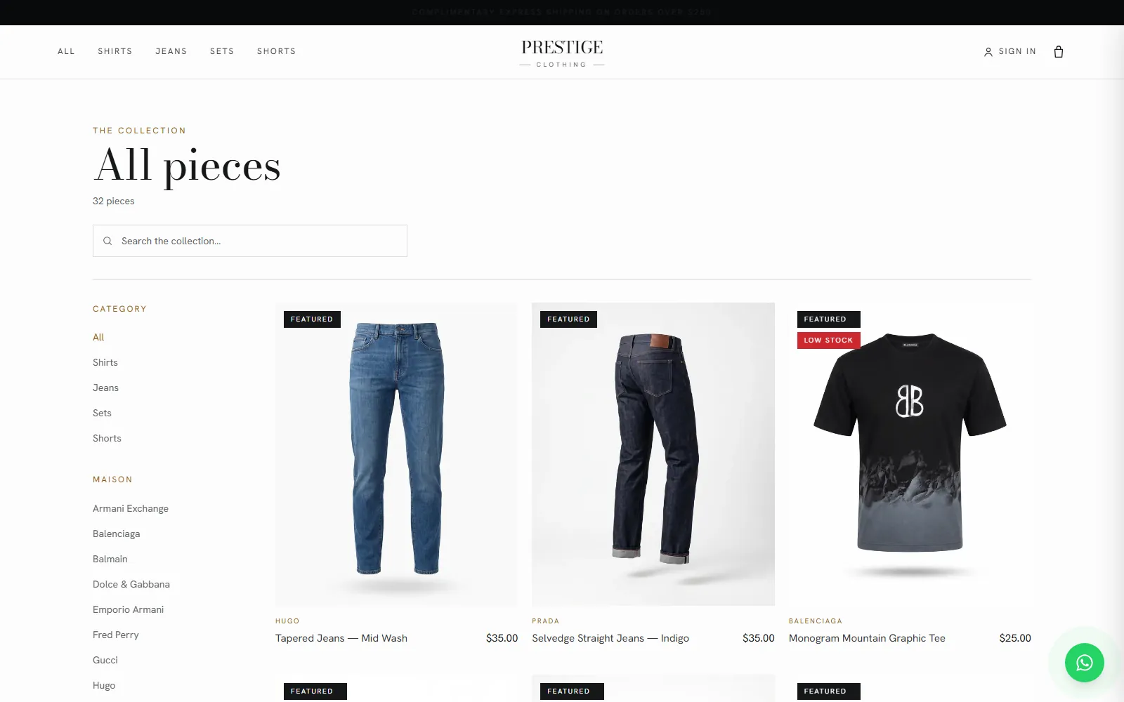 Prestige shop page — designer menswear filtered by category and maison